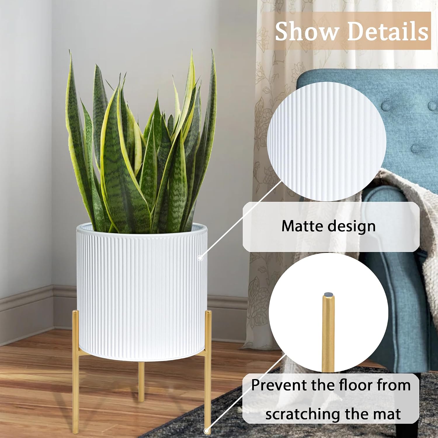 ARNIS Modern Plant Pots, Set of 2 Round Large Planters with Stand, Large Size Metal Pots with Drainage Holes for Living