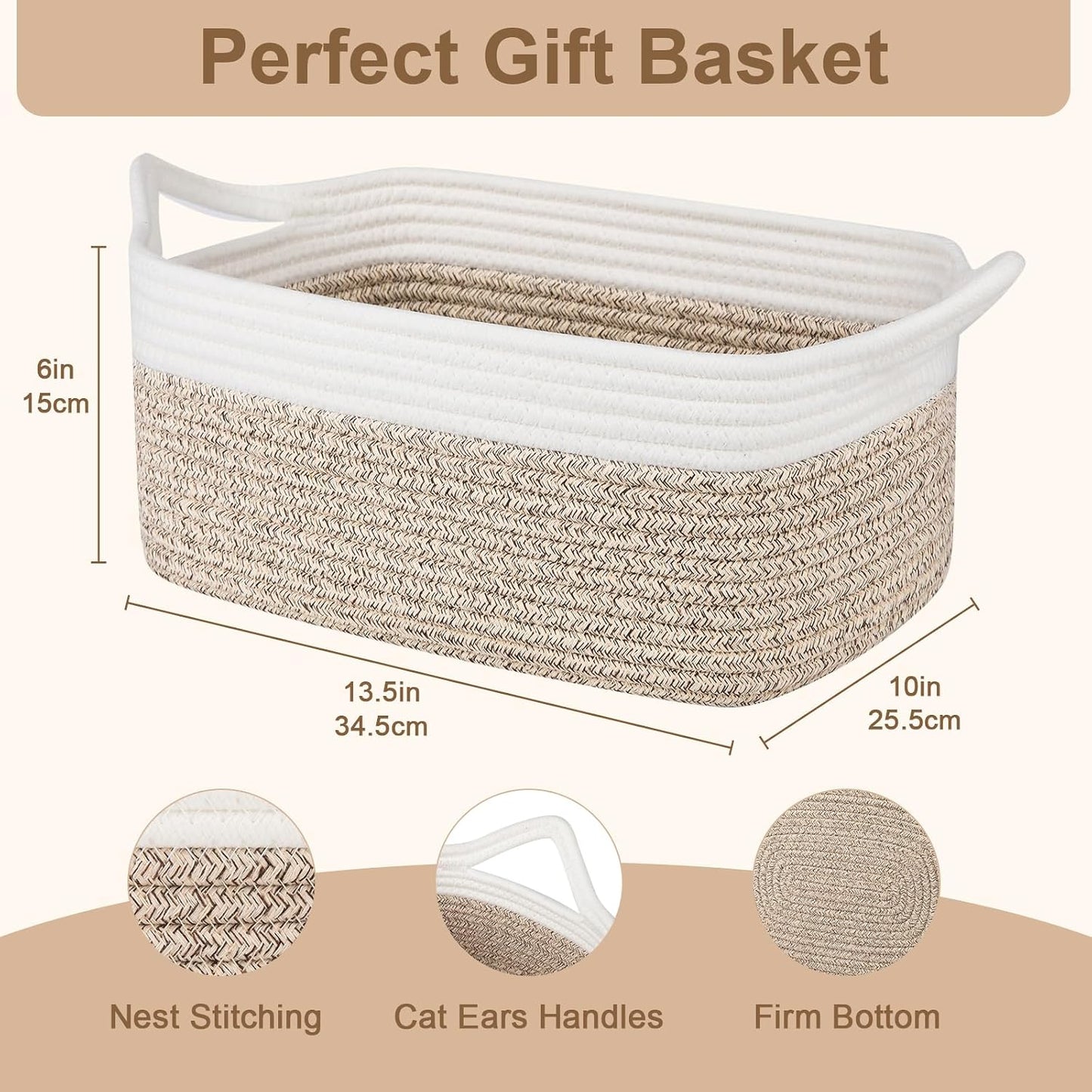 Woven Basket / Storage Baskets / Brown & White / Medium: 13.5l*10w*6h