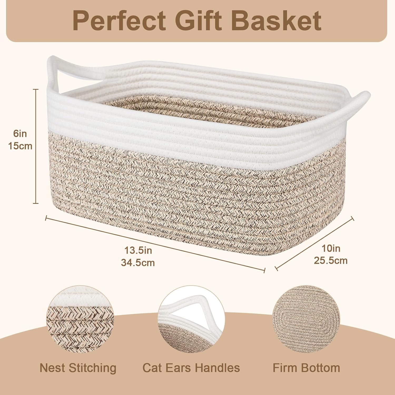 Woven Basket / Storage Baskets / Brown & White / Medium: 13.5l*10w*6h