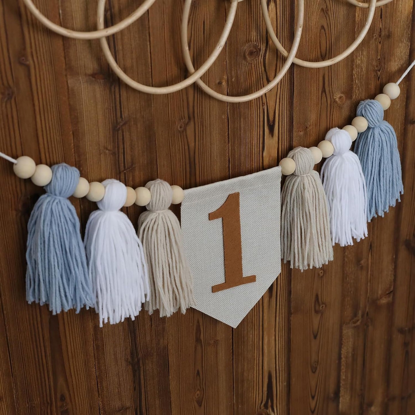 Handmade Boho Blue 1st Birthday High Chair Banner for Baby Boys Wall Hangings Wood / Brown and Blue