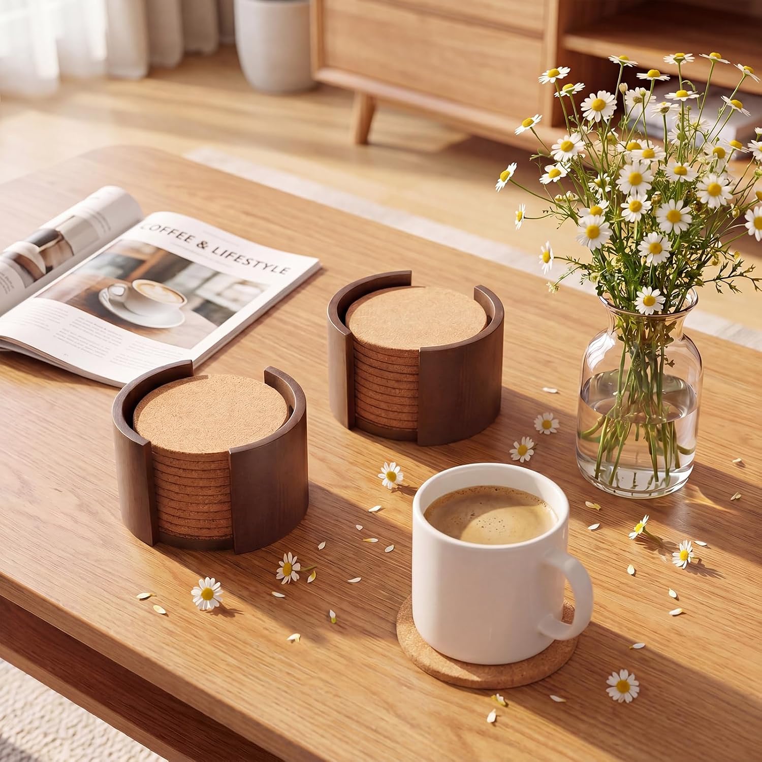Wooden Coaster Holder Rustic for Round Coasters / Brown / 4 Inch / Set of 2