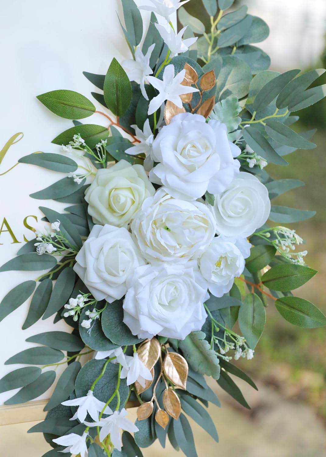 Artificial White Wedding Arch Flower Swags for Welcome Signs / White & Gold / Set of 2
