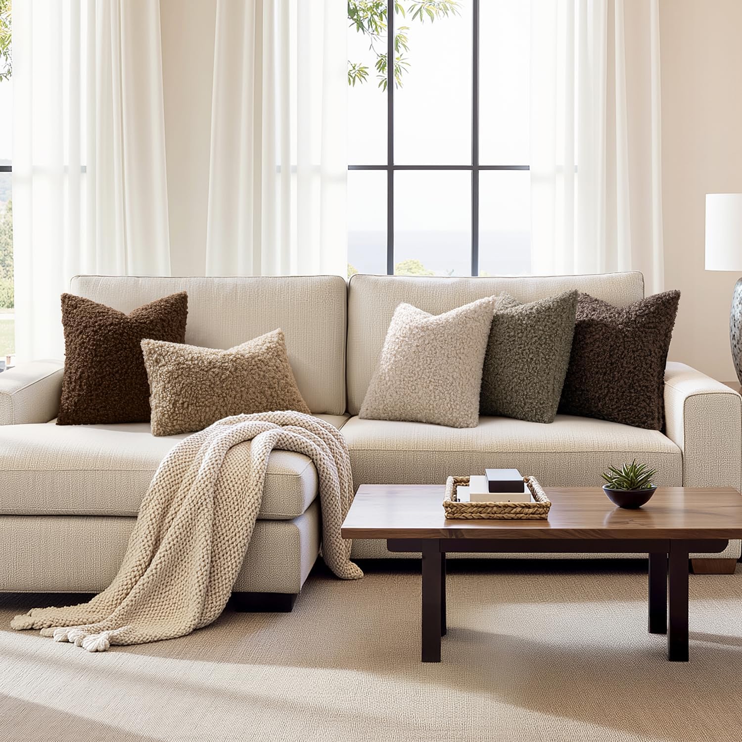 Faux Fur Throw Pillow Covers Boucle Neutral Decorative Sherpa Fuzzy / 18 x 18 / Chestnut / Set of 2