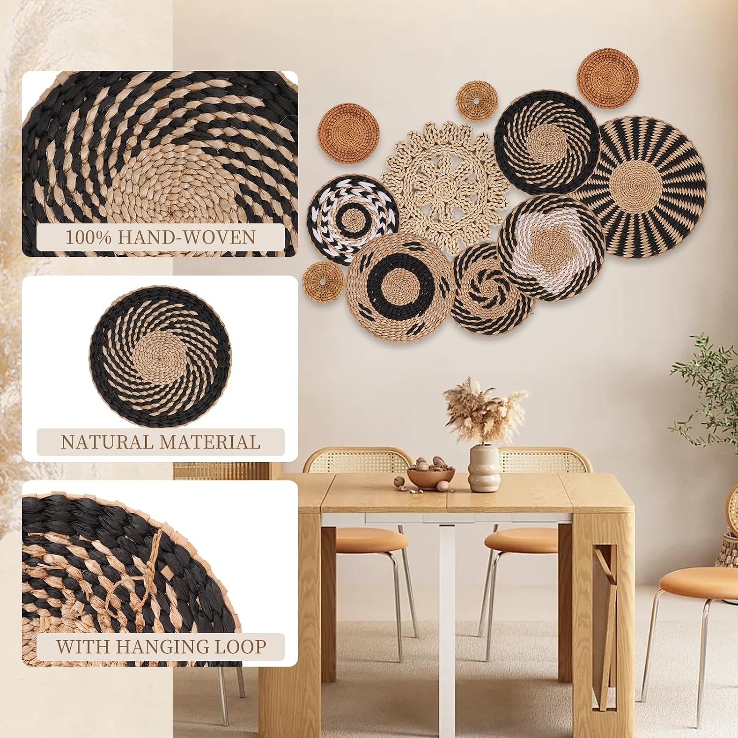 Boho Wall Basket Decor / Black Retro / Set of 11