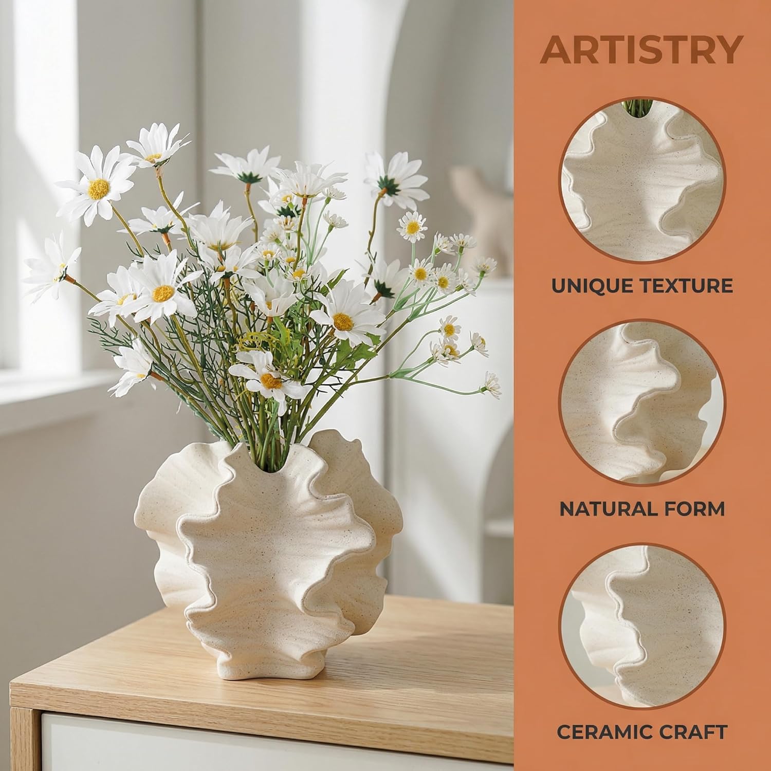 Ceramic Vase / Coral Design Decorative Vase for Pampas Grass Dried Flowers / Cream