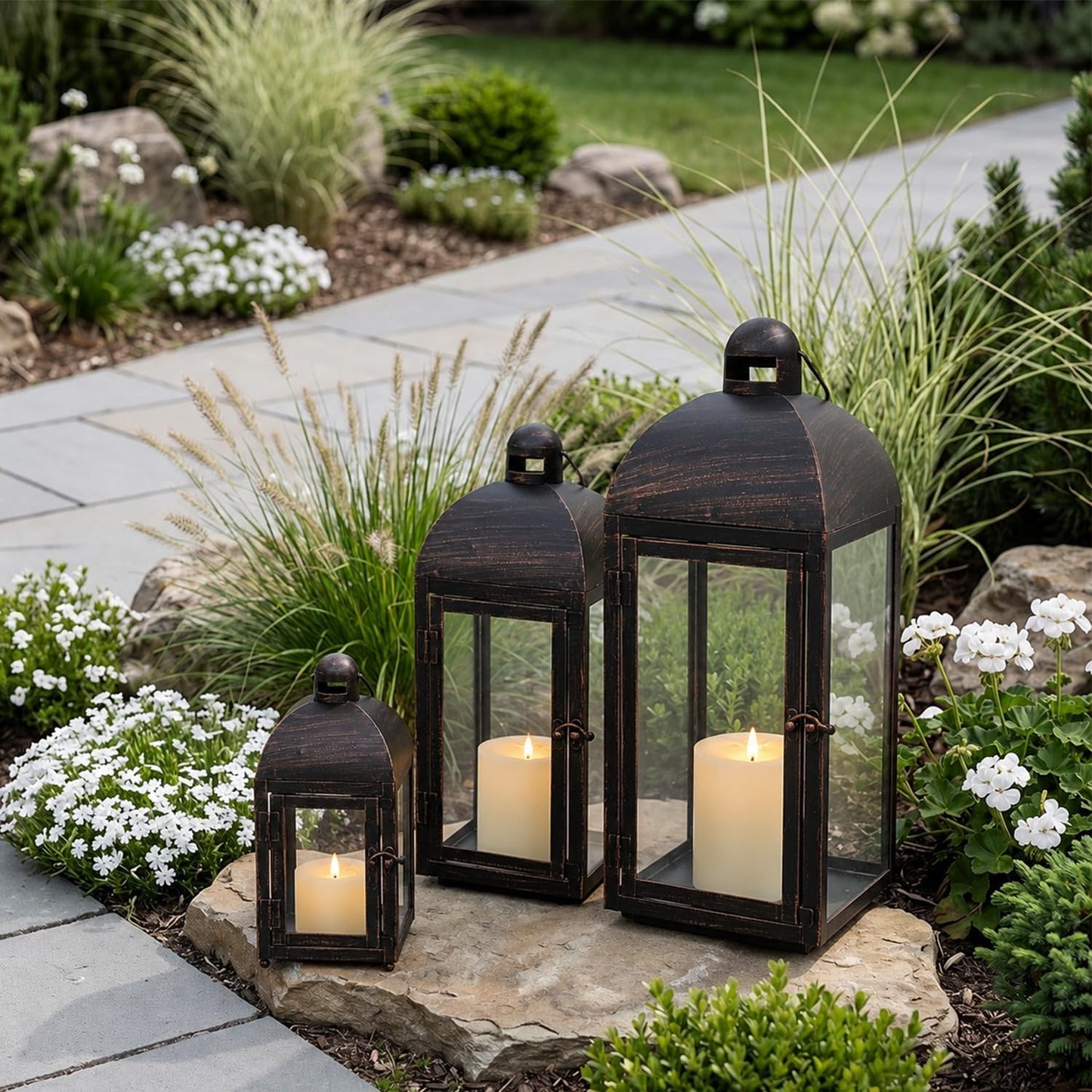 NEEDOMO Lanterns Decorative Outdoor & Indoor, Set of 3 Outdoor Lanterns for Porch, 23" Large Candle Lantern, Bronze