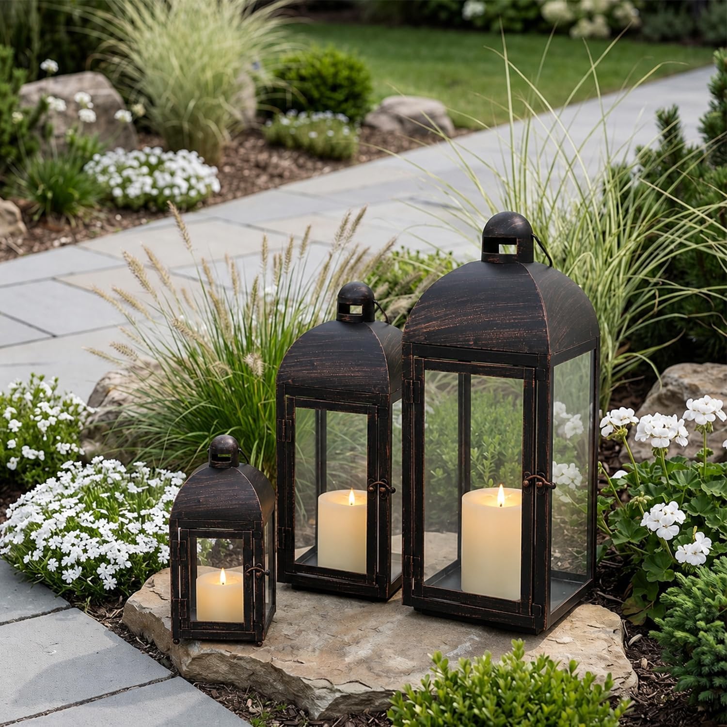 NEEDOMO Lanterns Decorative Outdoor & Indoor, Set of 3 Outdoor Lanterns for Porch, 23" Large Candle Lantern, Bronze
