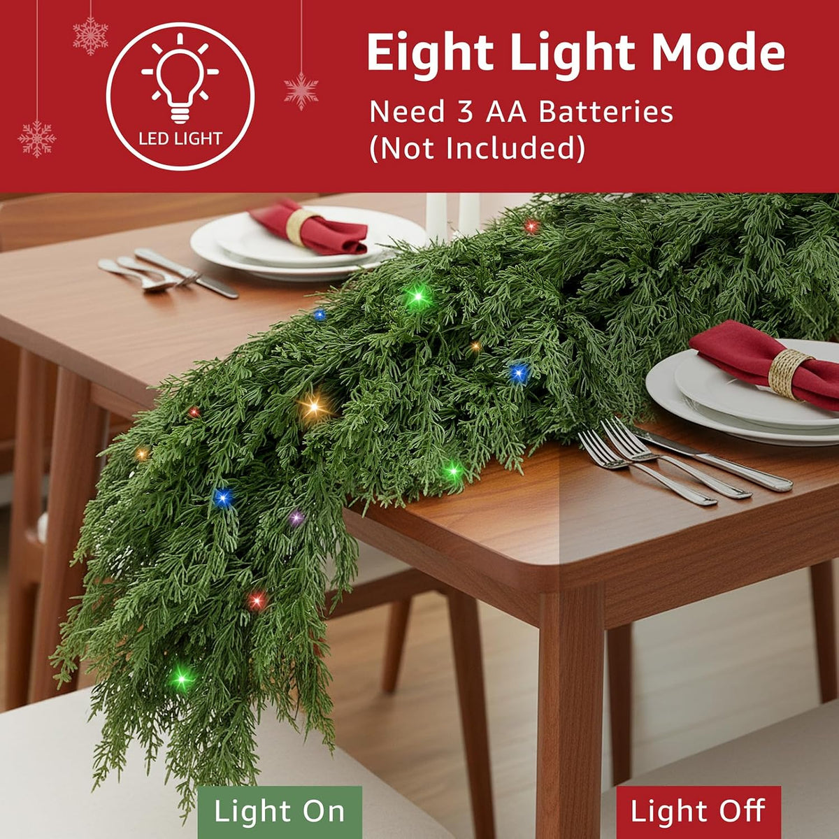 Cedar Christmas Garland for Mantle - 2 Pack Decorations with Lights 6 ft Realistic Lighted Faux Pine Garlands for Xmas