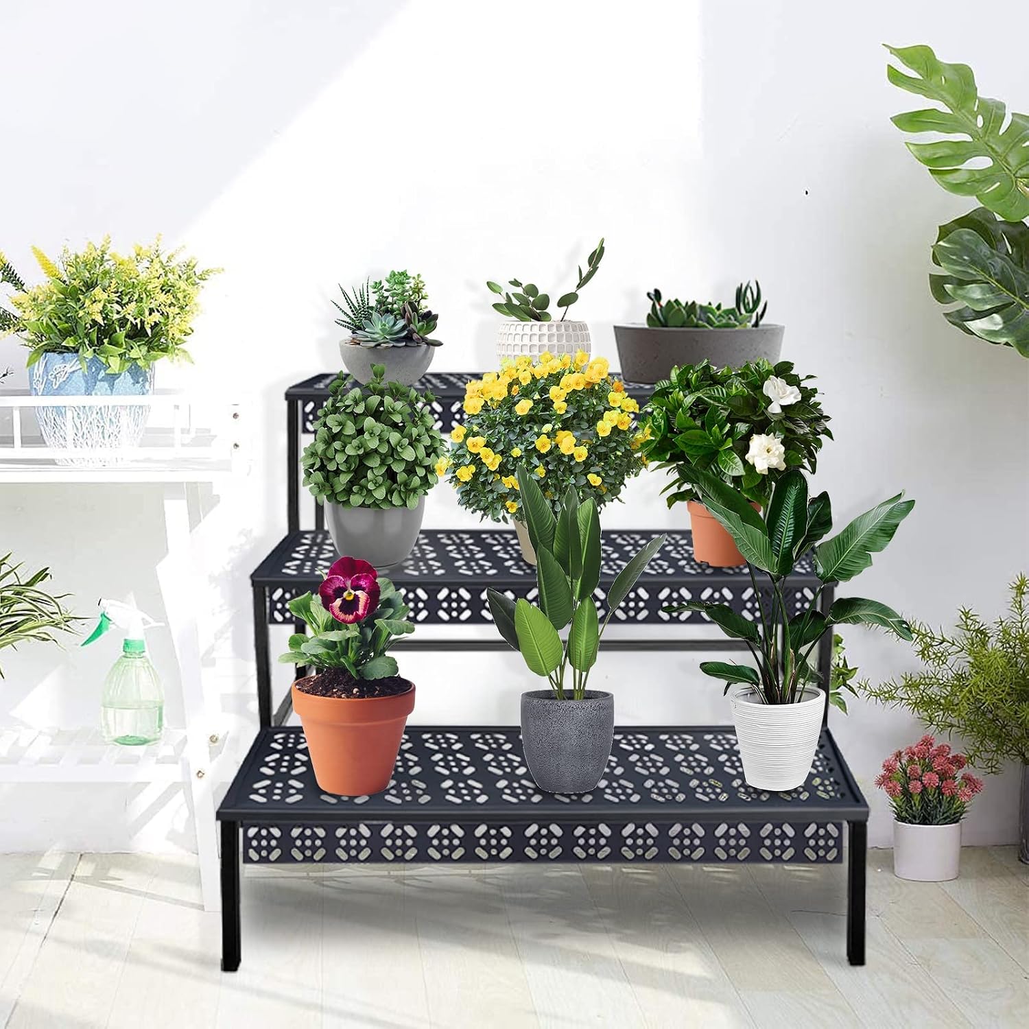 aboxoo 3-Tier Stair Style Metal Plant Stand, Large Indoor Outdoor Shelf | Holds multiple flower pots,Indoor/outdoor