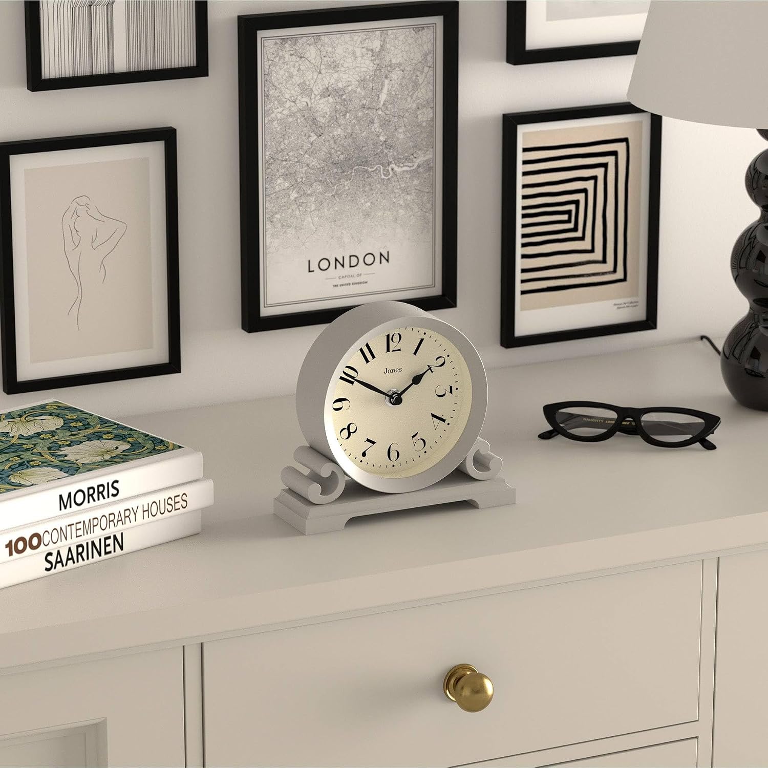 JONES CLOCKS® Saloon Mantel Clock | Small Traditional Double Scroll Design | Gray | Contemporary Classic Style for