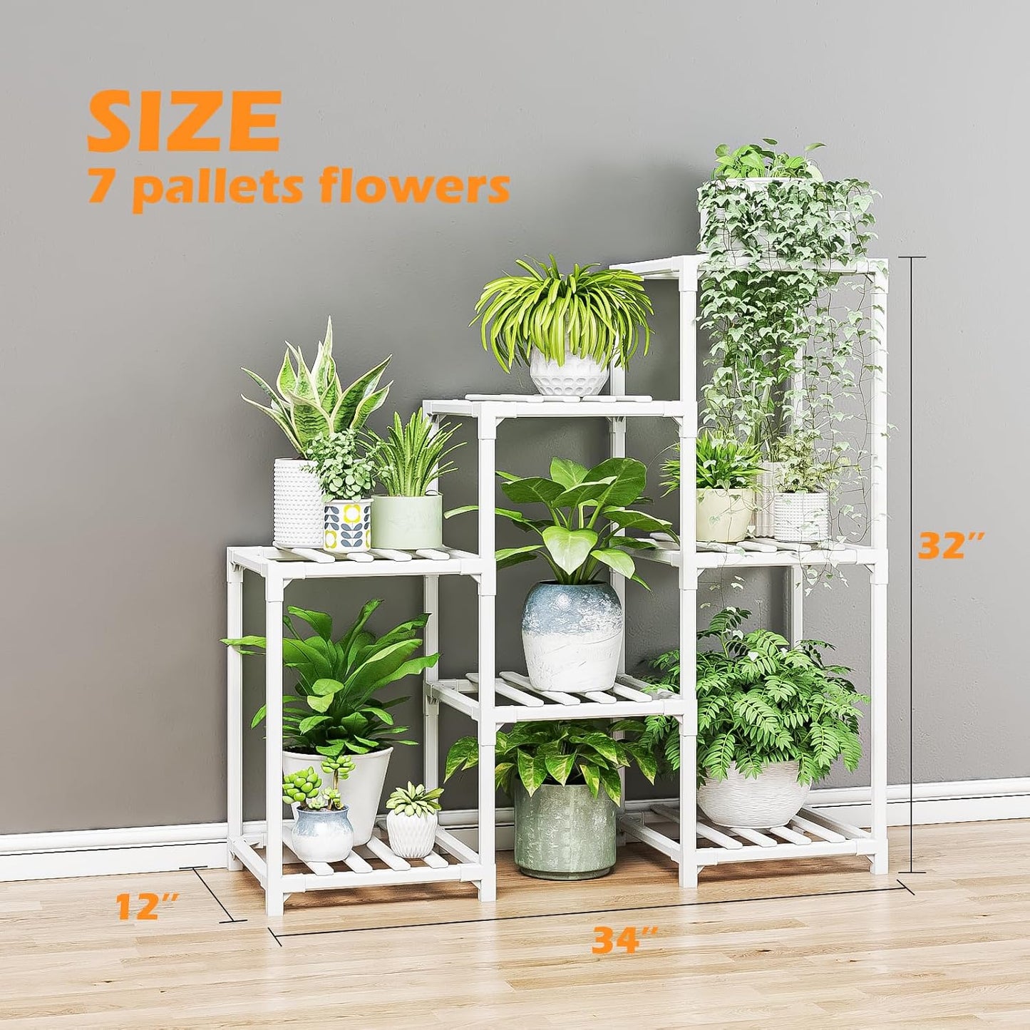 Bamworld Indoor Plant Stand Outdoor White Shelf Bamboo Plant Table for Multiple Plants 3 Tiers 7 Pots Ladder Holder Pot