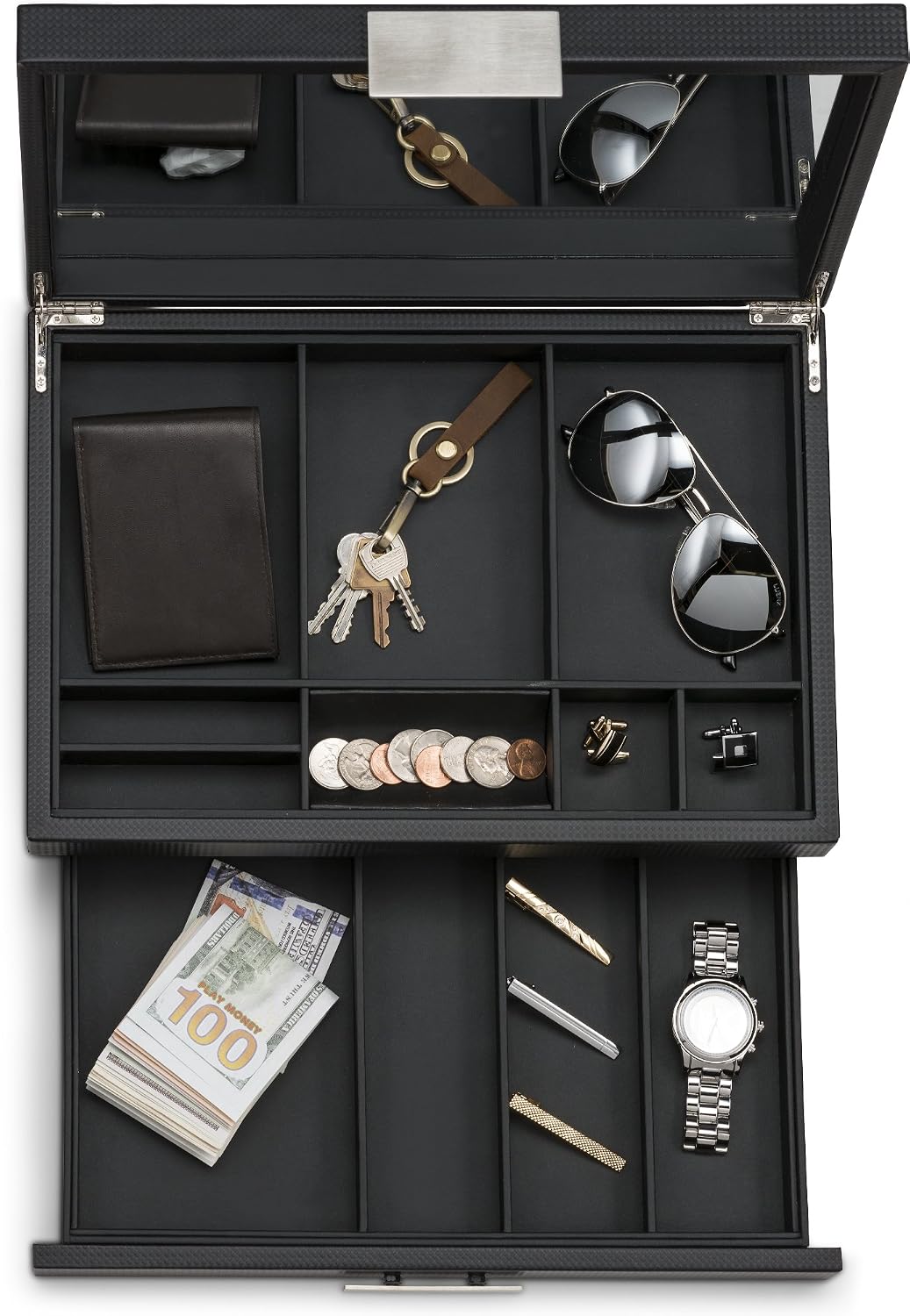 Glenor Co Mens Valet/Dresser Organizer - Luxury 12 Slot Jewelry Accessories Box, Carbon Fiber Design, Drawer Tray