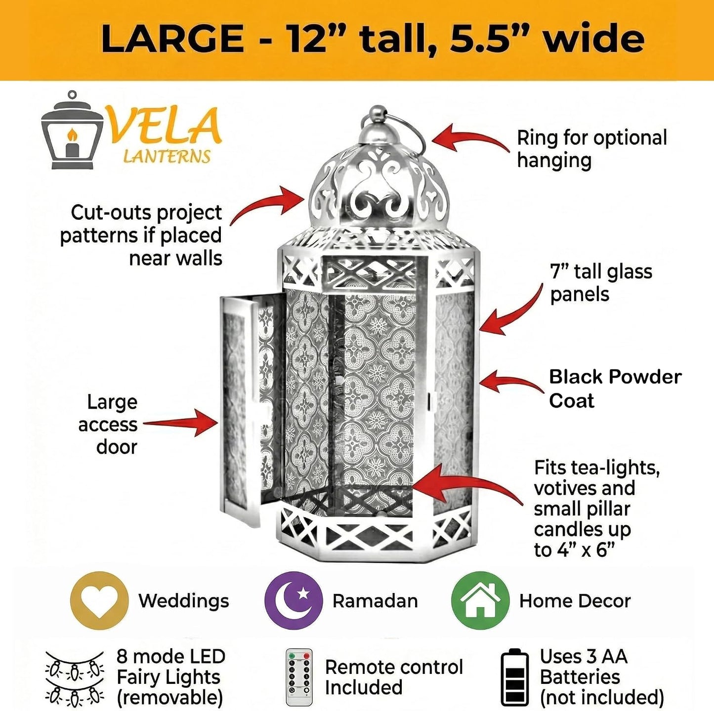 Vela Lanterns Decorative Indoor LED Light Halloween Holder, Amber, L, 2-PK | Orange Fall Decorations, Fantasy Moroccan