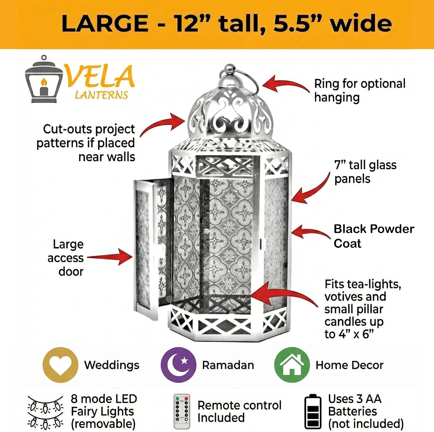 Vela Lanterns Decorative Indoor LED Light Halloween Holder, Amber, L, 2-PK | Orange Fall Decorations, Fantasy Moroccan