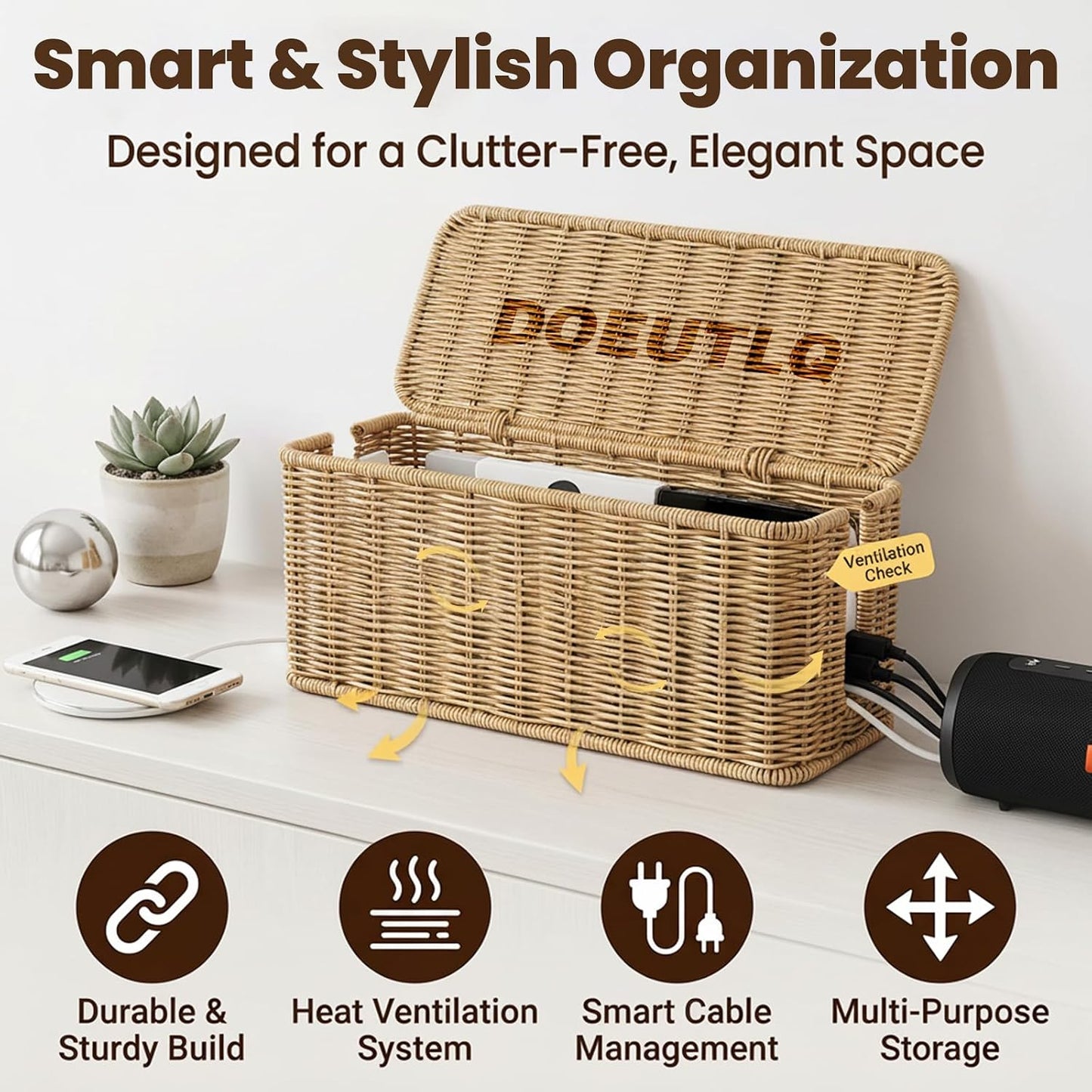 Desk Organizer Decorative Rattan Decor Countertop Cable Management Box Charging Station