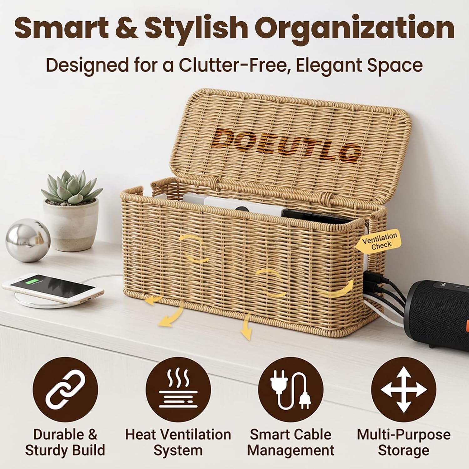 Desk Organizer Decorative Rattan Decor Countertop Cable Management Box Charging Station