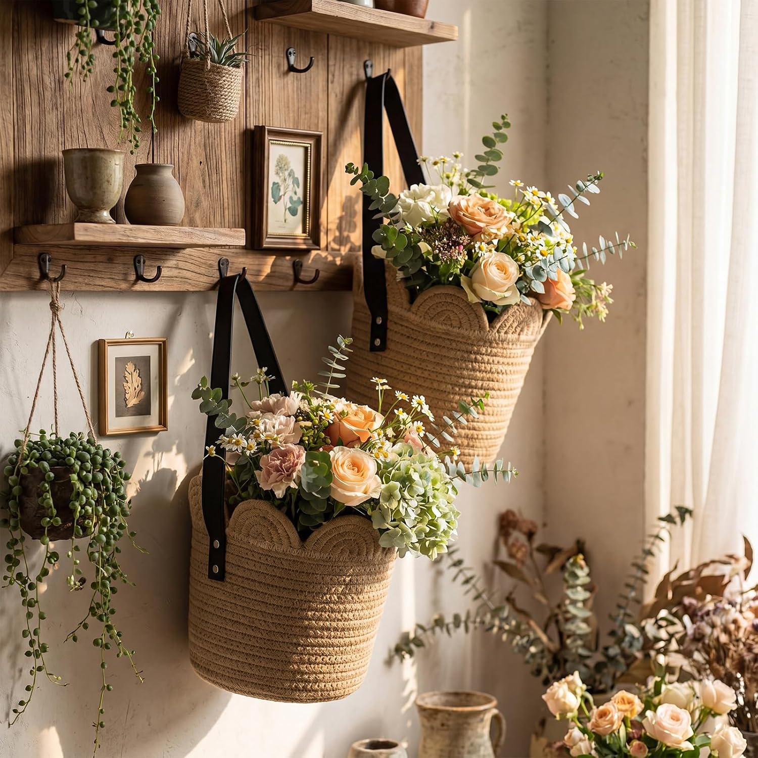 Scalloped Wall Basket Woven Hanging Baskets / Set of 2