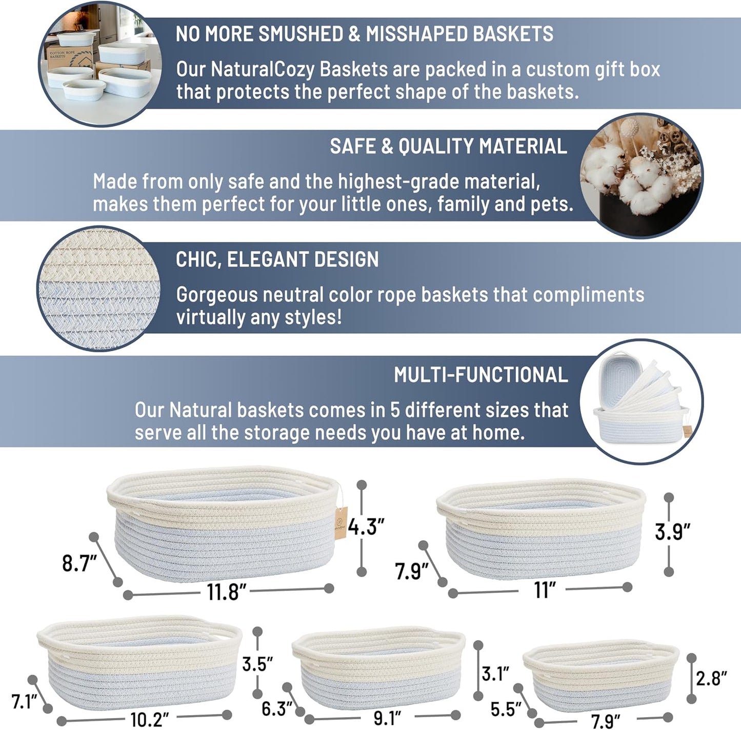 5-Piece Rectangle Storage Basket Set- Natural Cotton Rope Woven Baskets / Off White & Mixed Blue