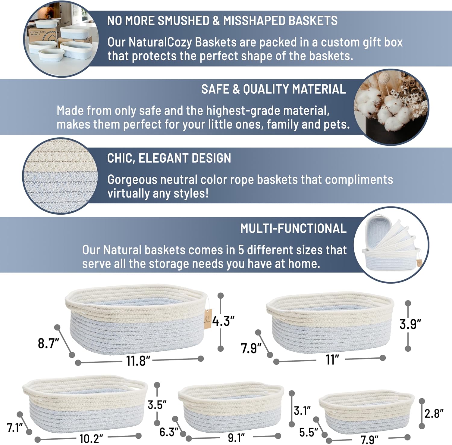 5-Piece Rectangle Storage Basket Set- Natural Cotton Rope Woven Baskets / Off White & Mixed Blue