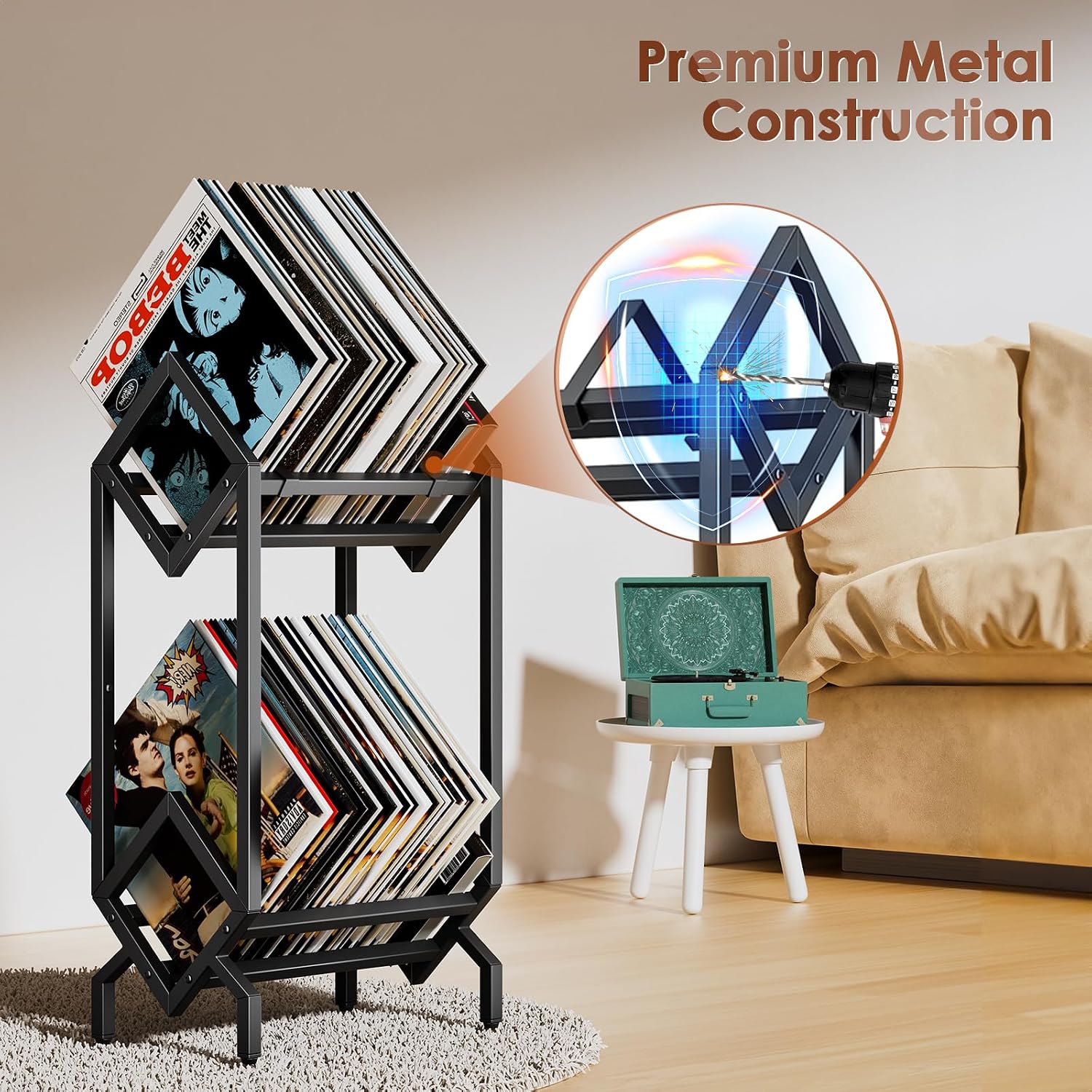Vinyl Record Storage Rack, Record Holder 160-200 LP Storage Shelf Display Stand for Albums Books Magazines Files, Matte