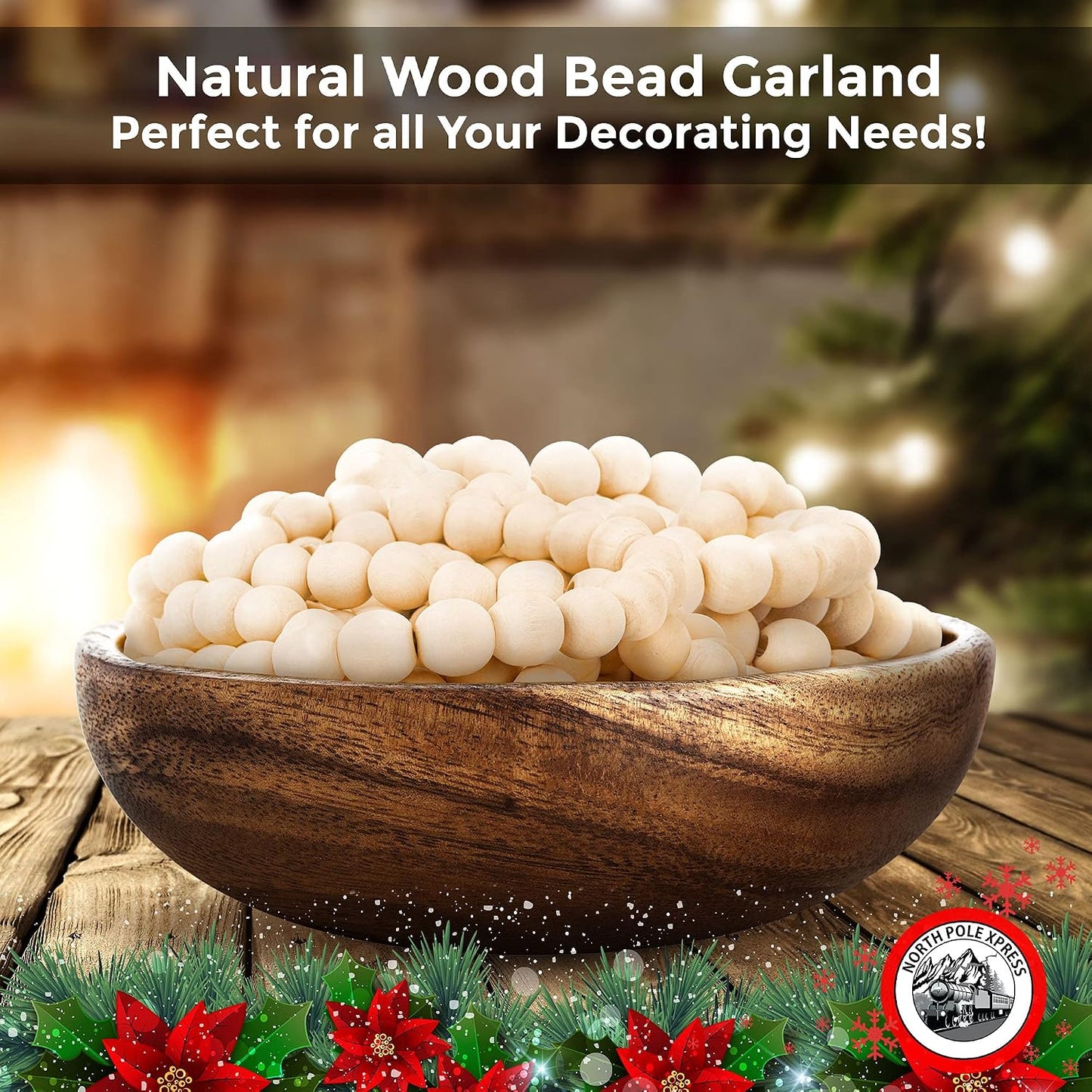9 Foot Wood Bead Christmas Garland / Natural