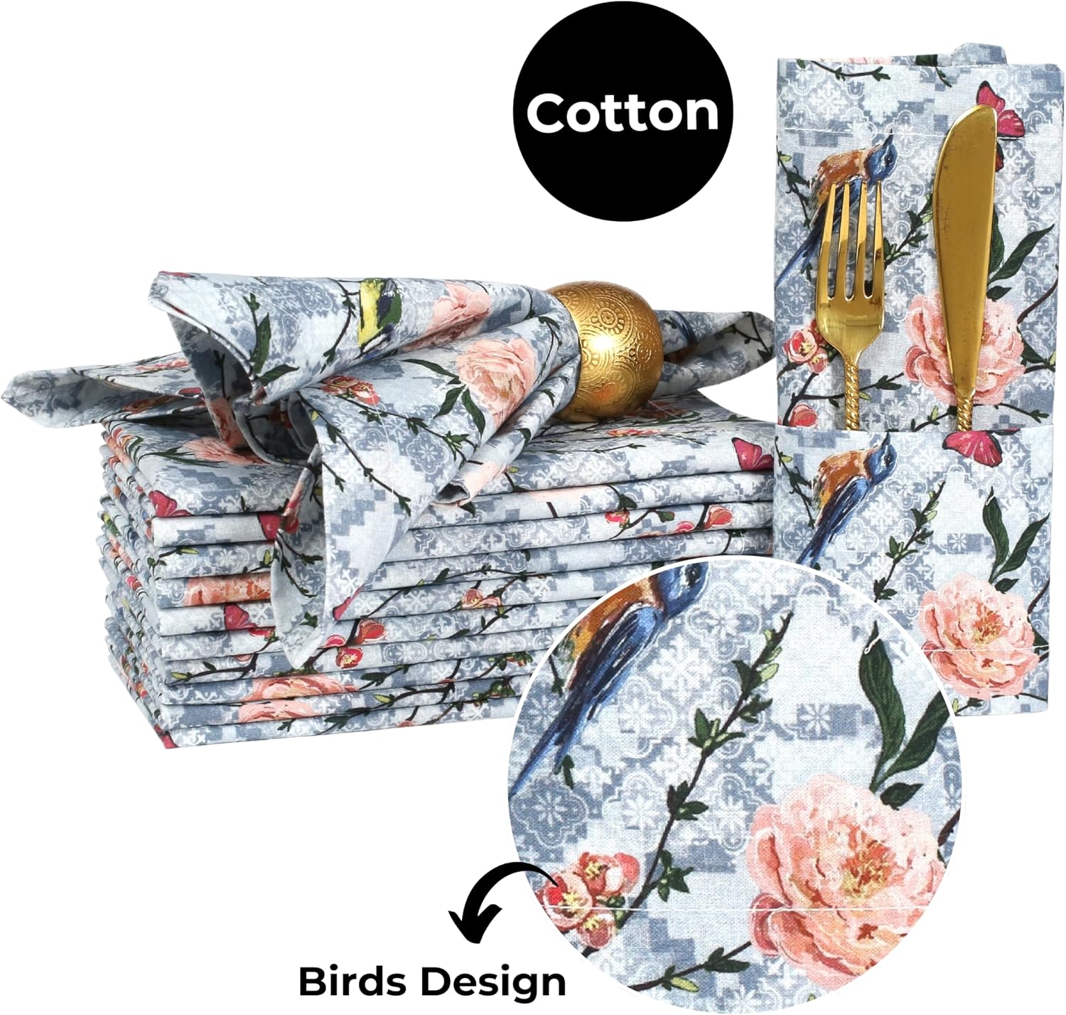 Bedding Craft Cotton Cloth Dinner Napkins Set of 12 – 18x18 Birds Print Design with 1" Fold – Reusable Machine Washable