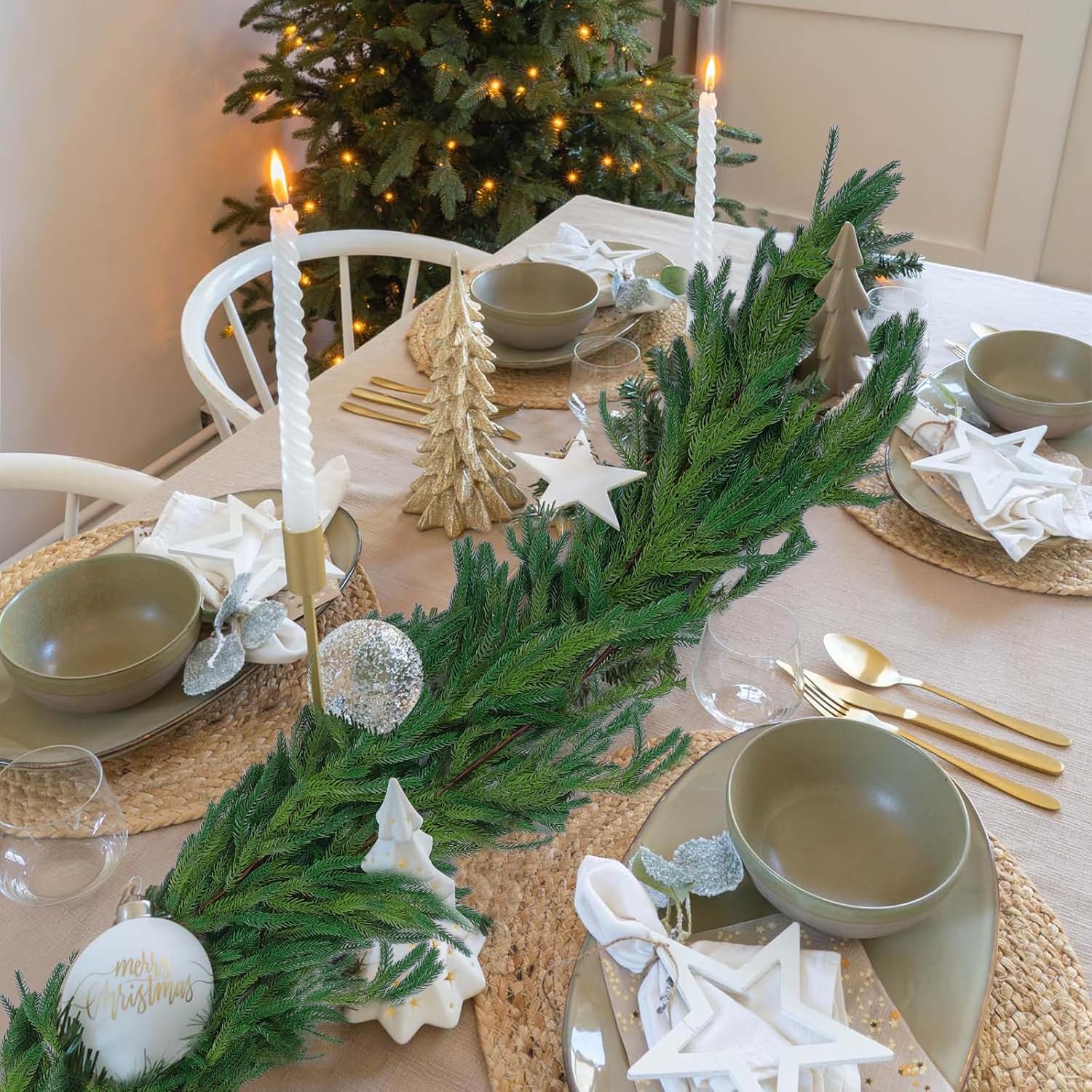 Hananona 4 Pcs 9 Ft Artificial Norfolk Pine Garlands, Realistic Pine Garland, Green Artificial Greenery Garland for
