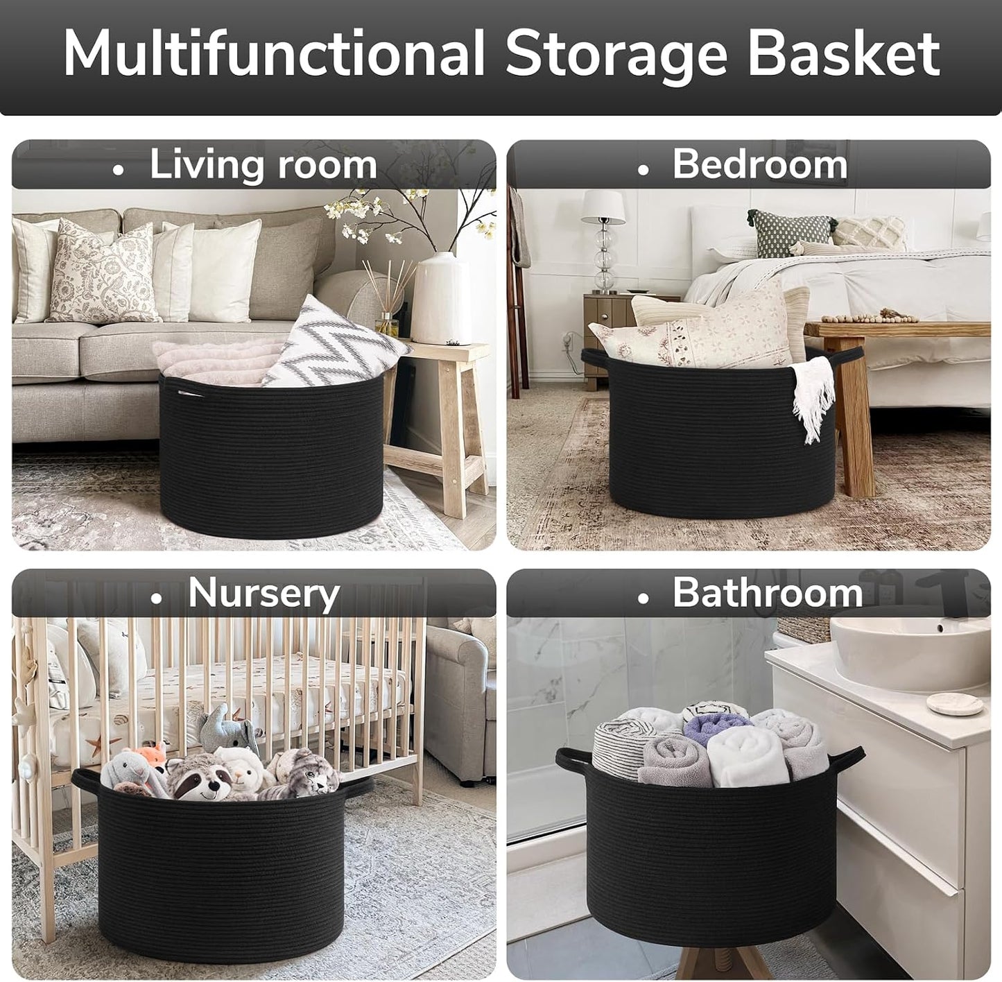 Woven Storage Baskets / Black / 19.7 x 19.7 x 12.6