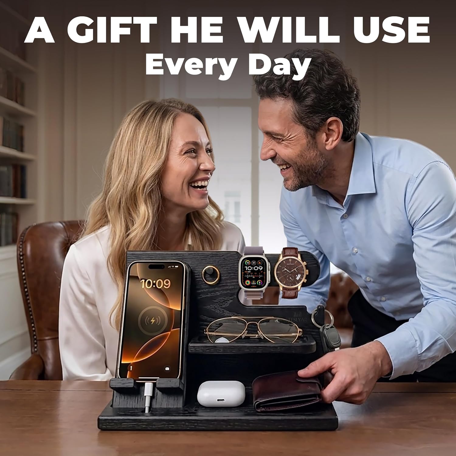 TESLYAR Wood Phone Docking Station for Men - Desk or Nightstand Organizer - Birthday Gifts for Husband, Dad