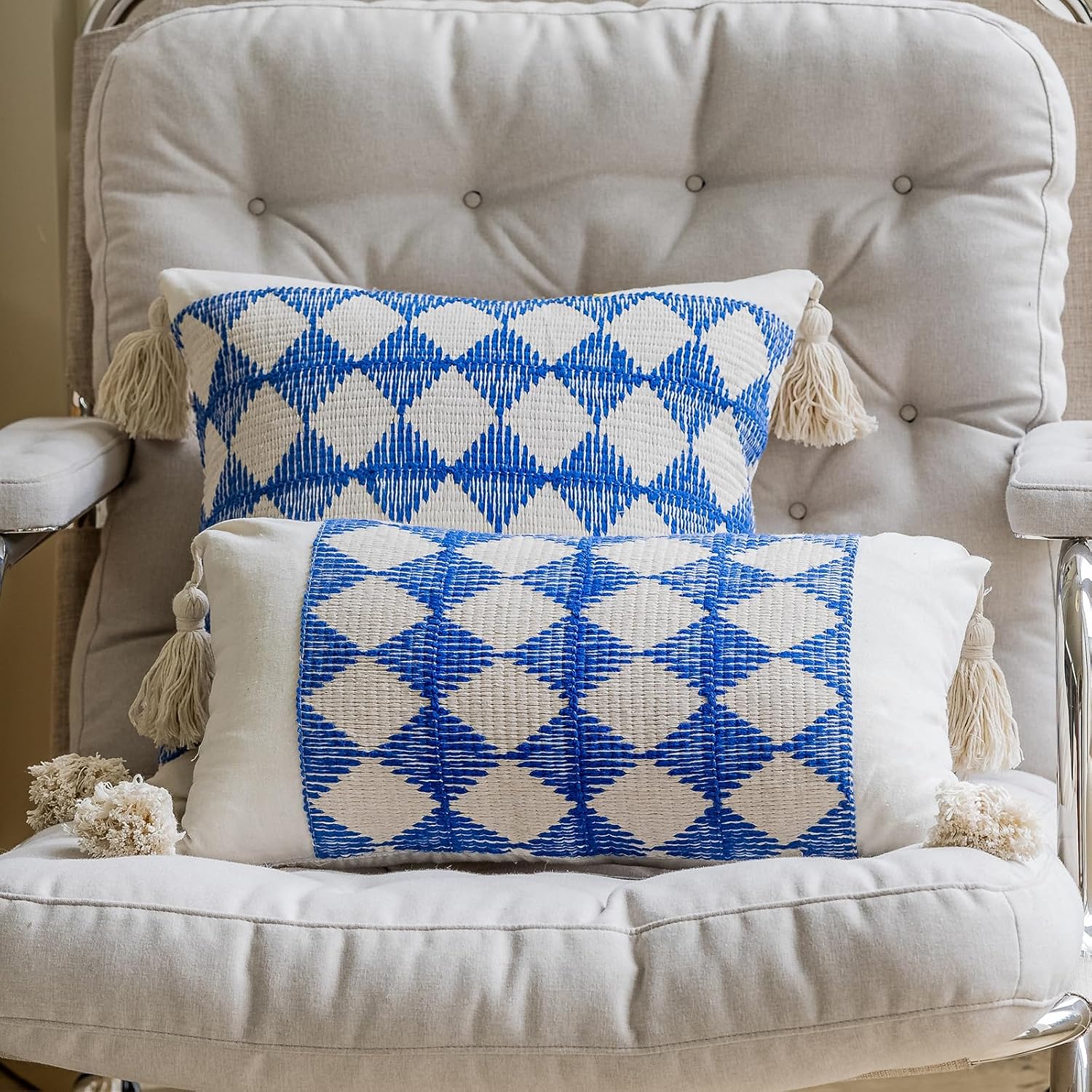 Tassels Farmhouse Pillow Covers / 20 x 12 / Blue Plaid