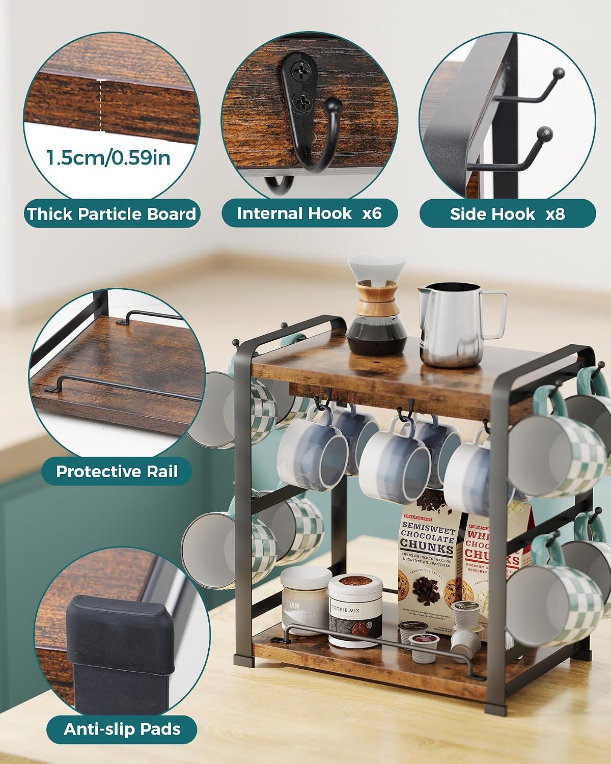 OROPY Coffee Mug Holder Countertop, Mug Rack 2 Tier Shelf & 14 Mug Hooks | Wooden Coffee Bar Station Organizer