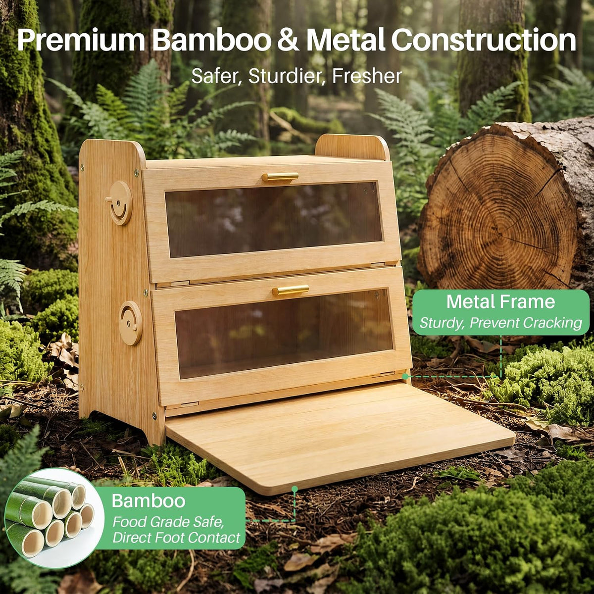SNTD Bread Box for Kitchen Countertop, Adjustable Ventilation, Natural | Bamboo Cutting Board, Airtight Design