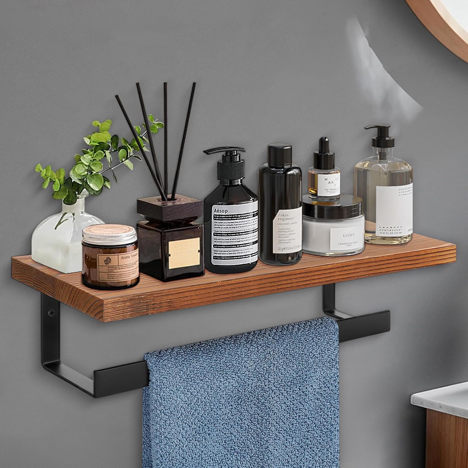 Hand Towel Holder/Towel Ring with Wooden Shelf, Hand Towel Rack, Hand Towel Hanger for Bathroom, Bath Accessories Wall