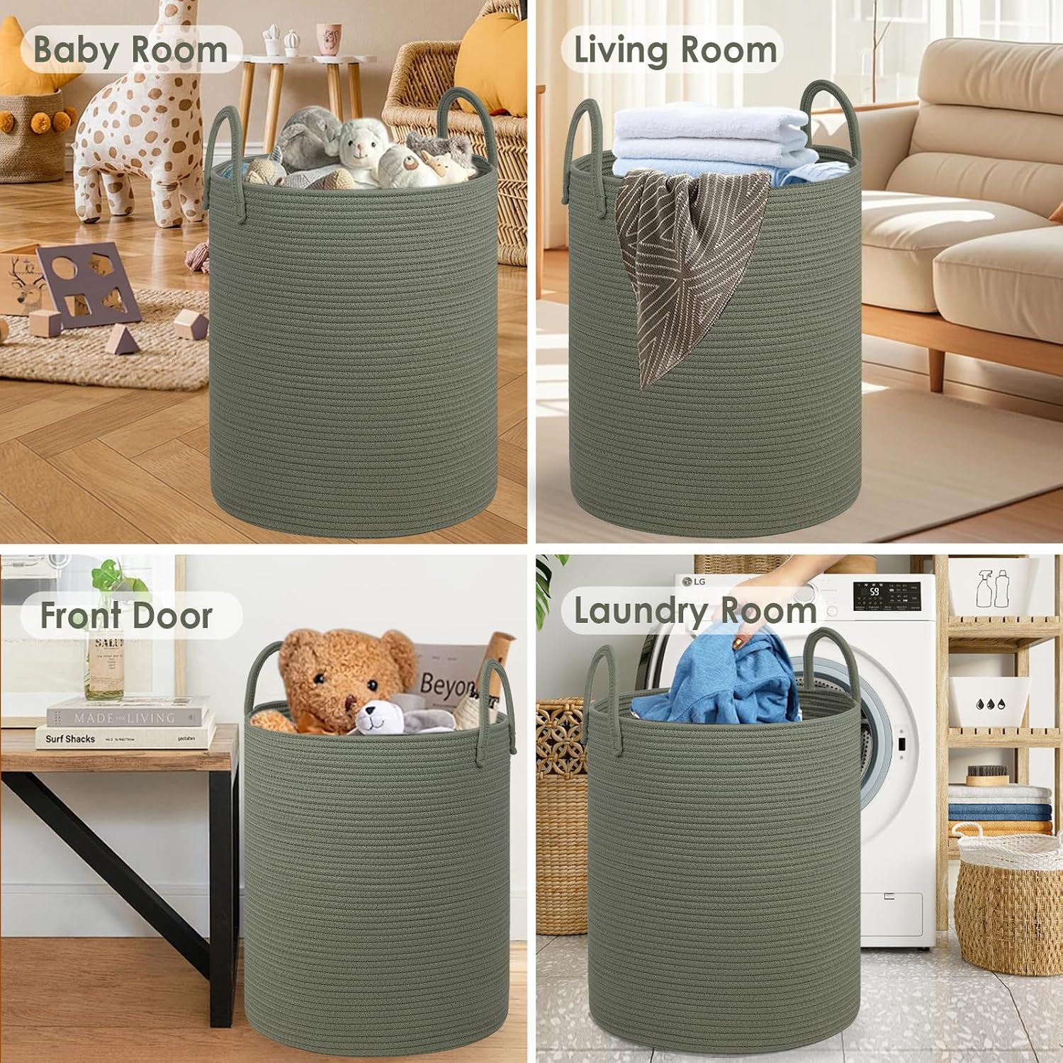 Laundry Basket / Cotton Rope Storage Basket / Green / 100L / 18 x 18 x 22