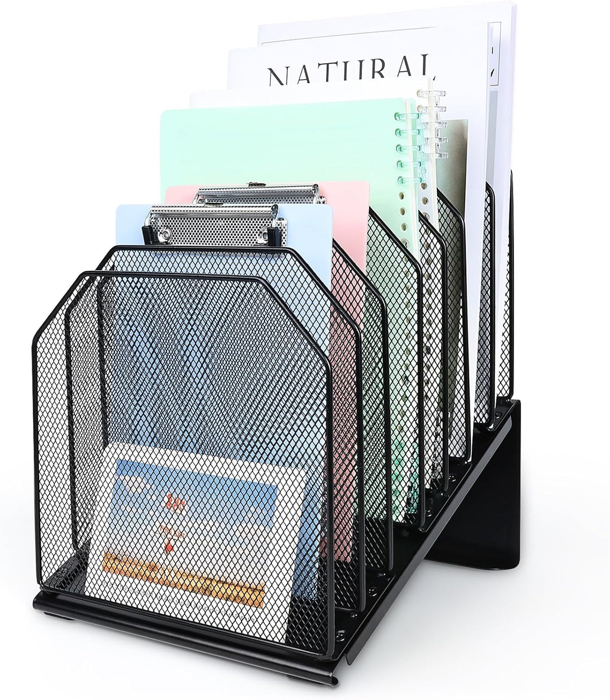 SUMMORO Inclined File Organizer for Desk, 7-Section Vertical File Holder | Office Desk Organizer Metal Rack File