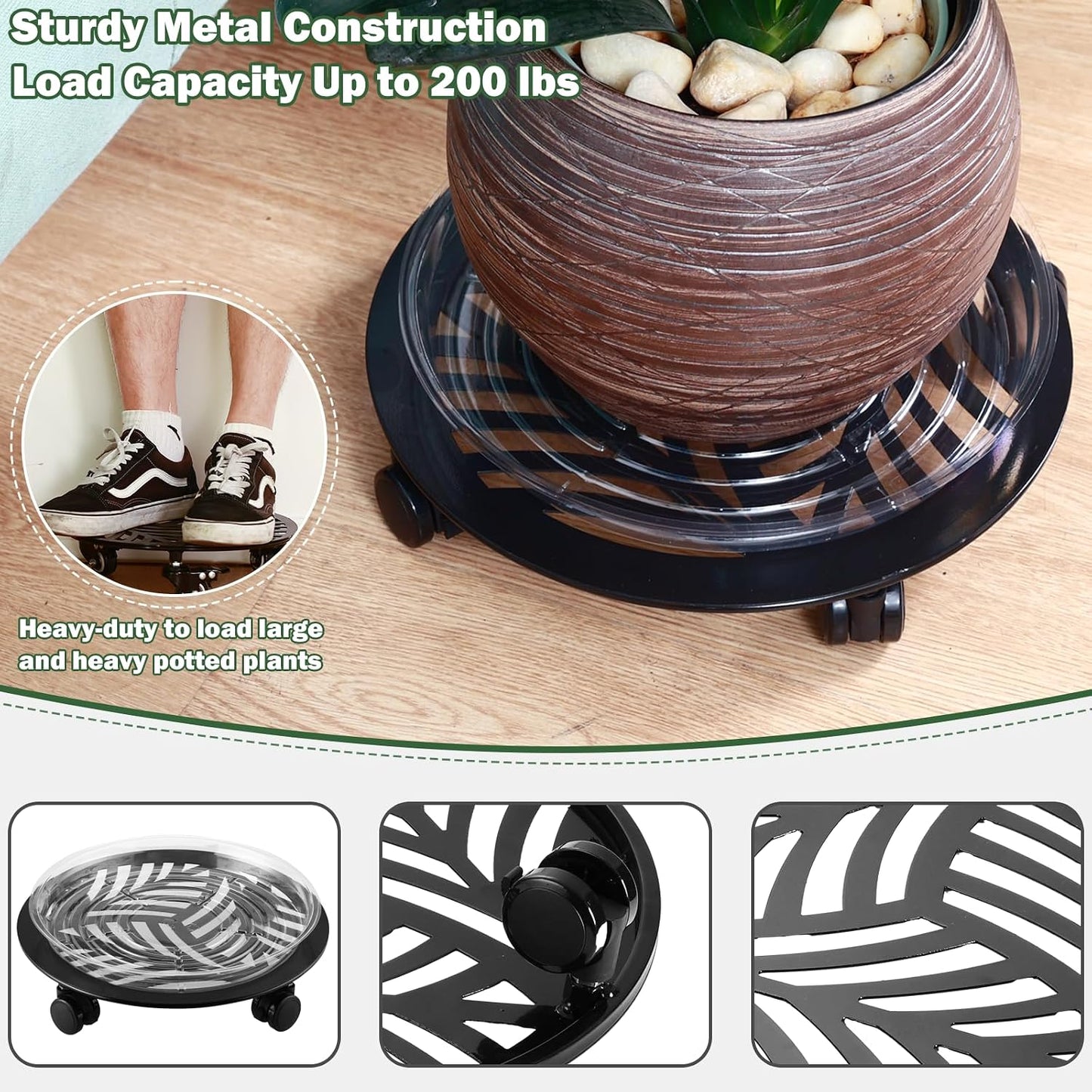 3 Packs 13 inches Large Metal Plant Caddy with PU Wheels Heav-Duty Rolling Plant Stands Indoor Outdoor Wheeled Plant