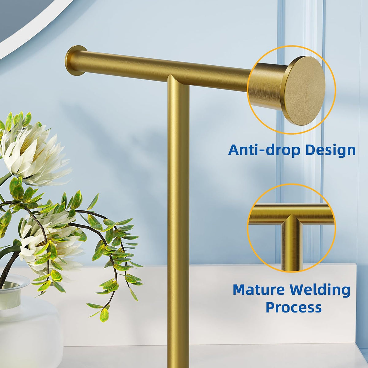 RUACQ T-Shape Hand Towel Holder Stand, 12inch, Brushed Gold | Weighted Base Towel Rack, Countertop Towel Holder for