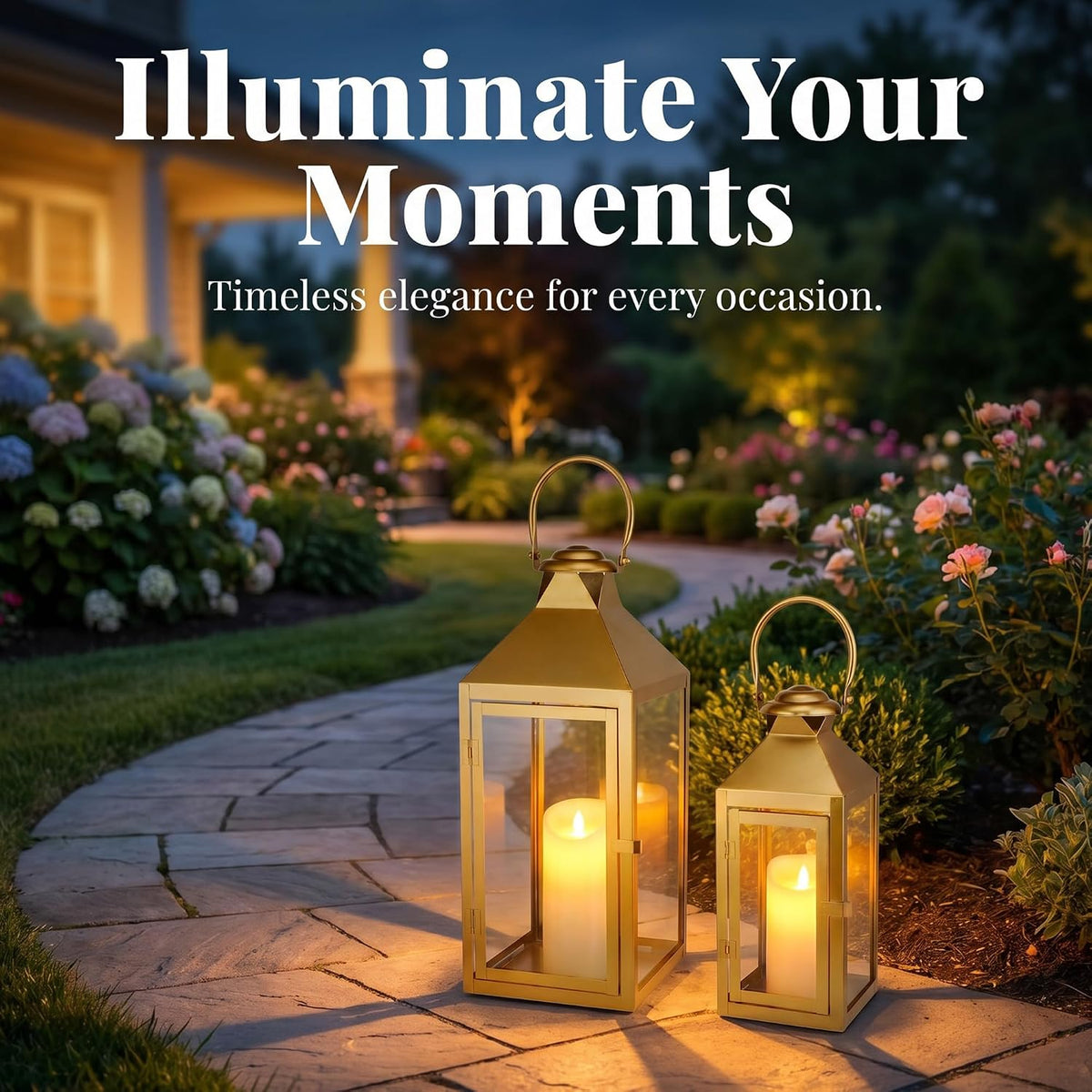 JHY DESIGN Set of 2 Gold Decorative Candle Lanterns 17.5"&13.5" H Metal Hanging Candle Holders for Indoor Outdoor Home