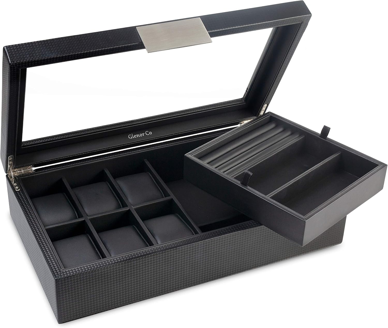 Glenor Co Valet Jewelry Box for Men - Holds 6 Watches, 12 cufflinks, 2 Sunglasses & Tray Storage - Mens Watch Case