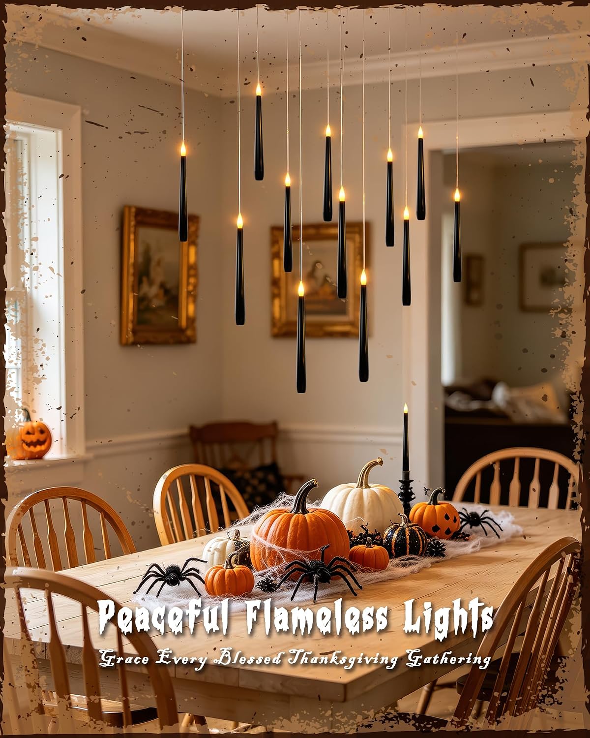 20PCS Black Floating and Hanging Flameless Taper Candles with Wand Remote, Battery Operated Gothic Halloween Candles