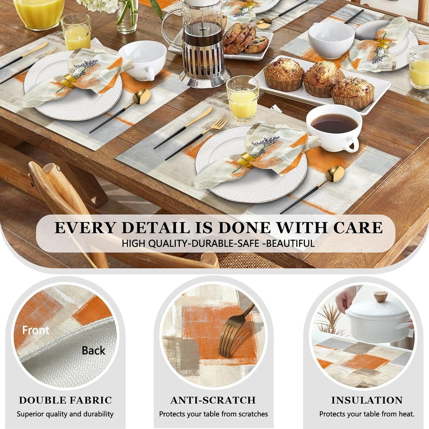 MCALK 4 Each Orange Placemats and Cloth Napkins Set of 8, Modern Abstract Art Painted Placemat for Home Kitchen Decor