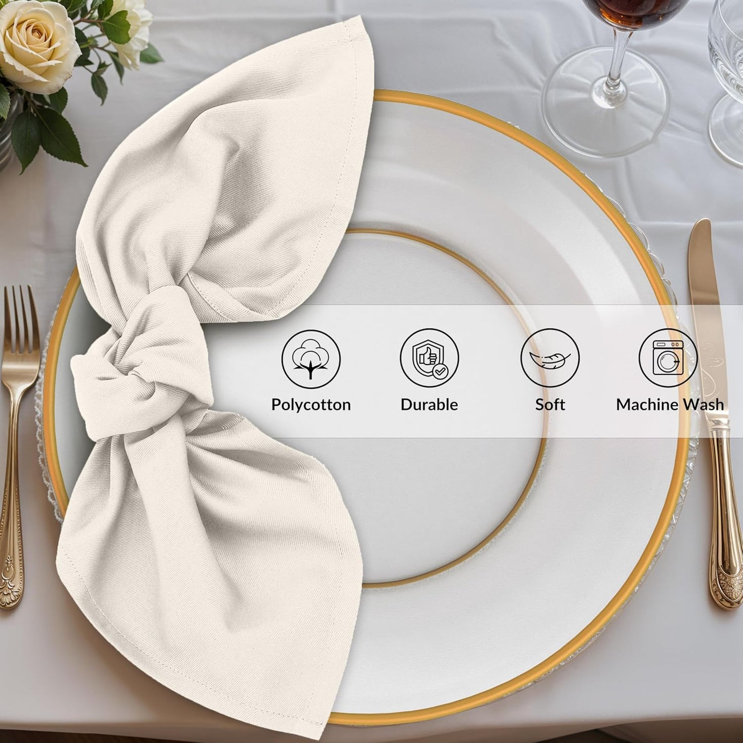 Zoyer Cloth Napkins Set of 12, Cotton Enrich 18”x18” - Ivory | Washable, Soft, Durable & Absorbent Everyday Napkins.