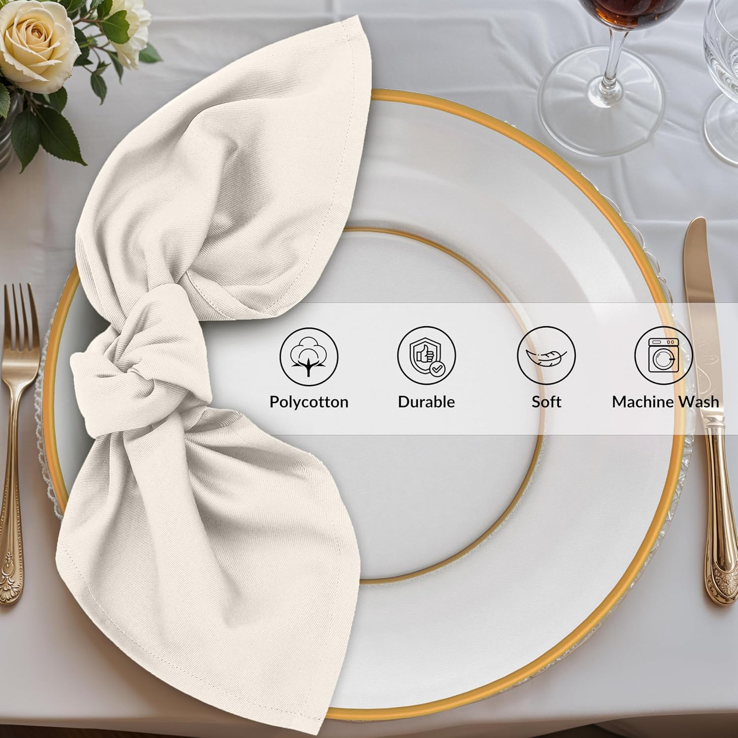 Zoyer Cloth Napkins Set of 12, Cotton Enrich 18”x18” - Ivory | Washable, Soft, Durable & Absorbent Everyday Napkins.