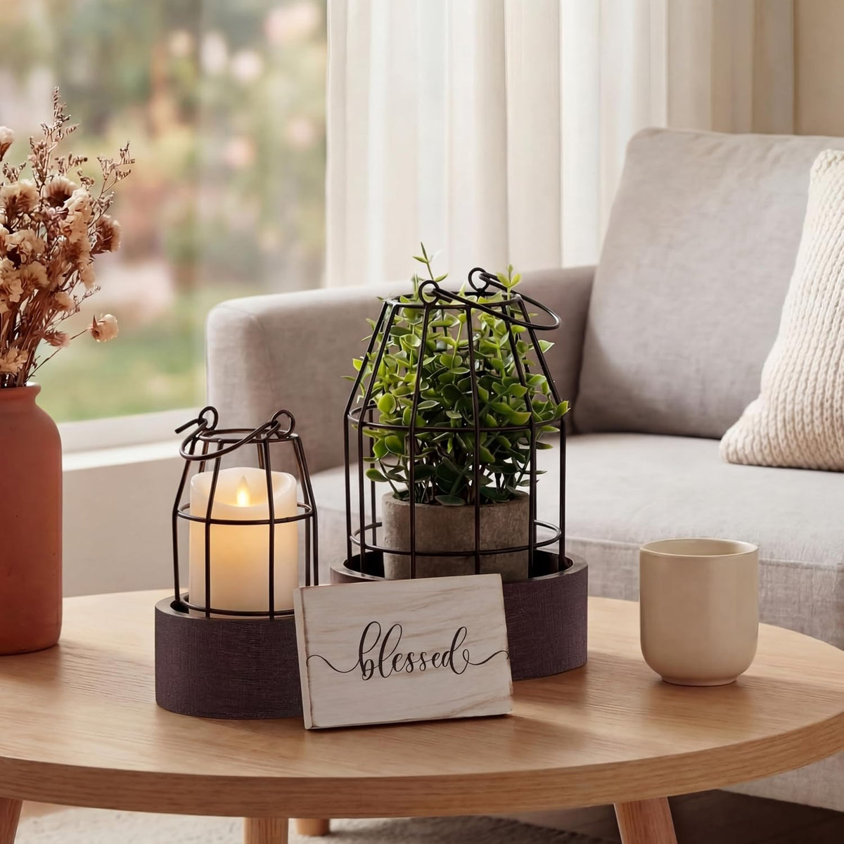 Modern Rustic Farmhouse Candle Lantern Set of 5, Small, Black, Brown | Decorative Lanterns Centerpieces with Tray for