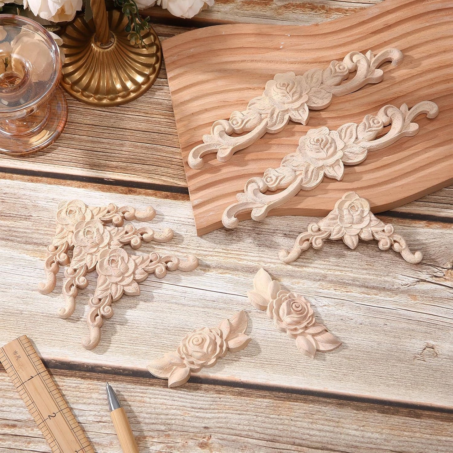 Wood Appliques and Onlays for Furniture Carved Onlays DIY / Rose Style / Small Size / Set of 8