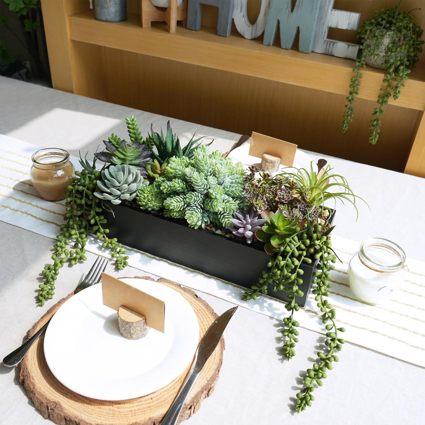 15" Artificial Succulents Arrangement Faux Succulents in Rectangular Wooden Planter Box Faux / Black