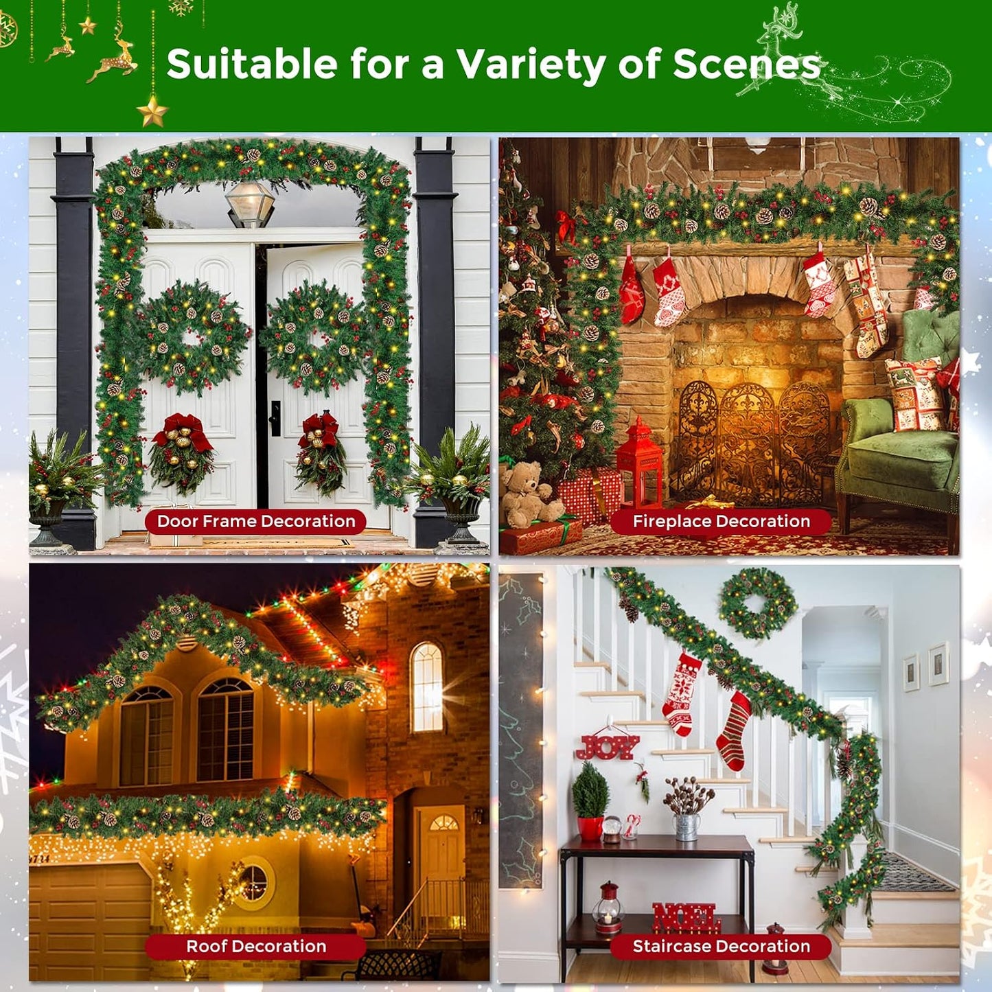 Christmas Garland, 12FT Prelit Christmas Garland with 100 LED Lights, Greenery Xmas Garland with 20 Pine Cones 90 Red