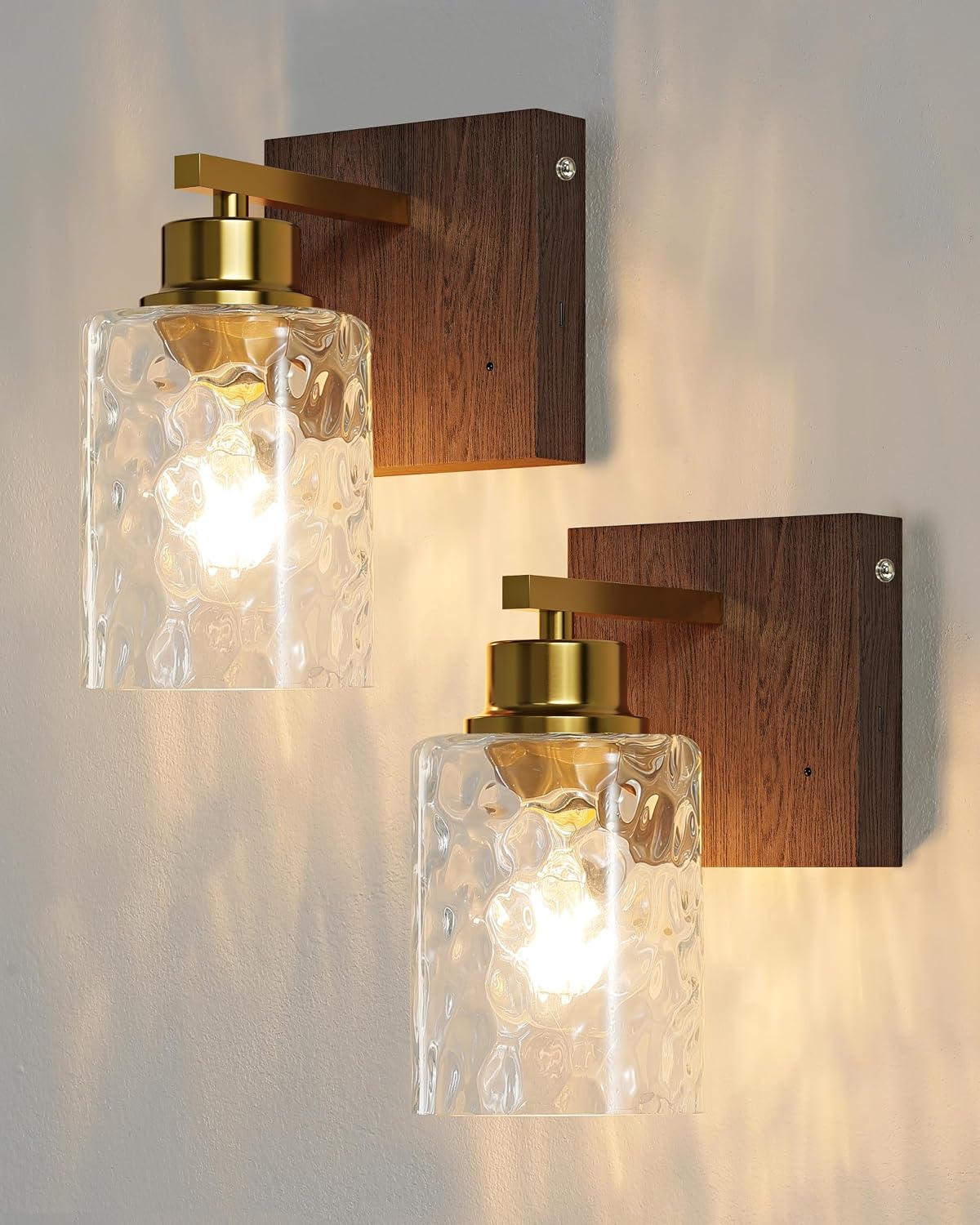 Hammered Glass Battery Operated Wall Sconces Set of Two Gold & Walnut | Dimmable Rechargeable Wall Lights with Remote