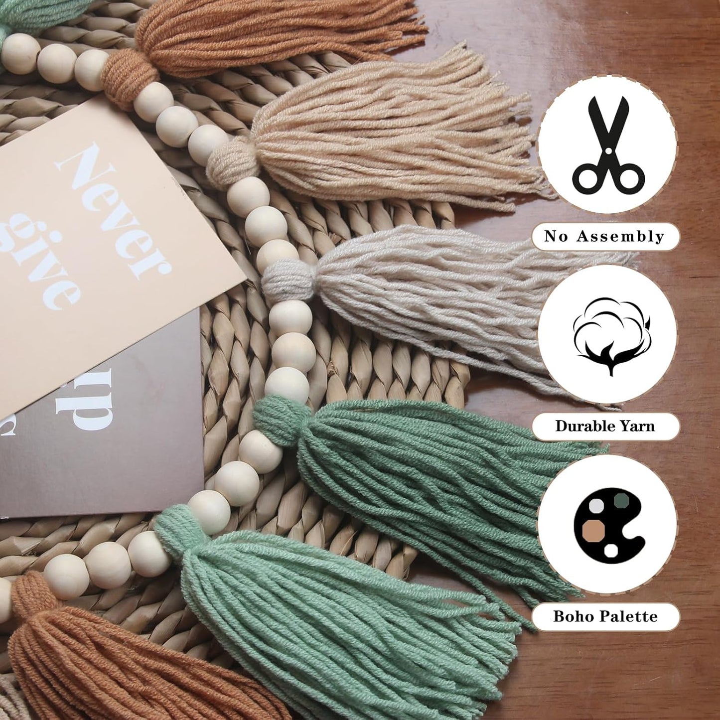 Sage Green Brown Boho Yarn Wood Bead Tassel Garland Wall Hanging Decor Neutral Earth / Green&brown