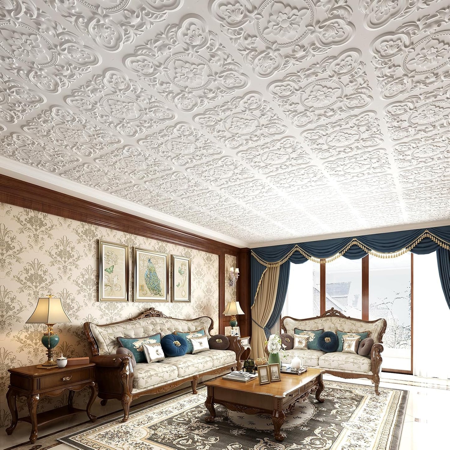 Art3dwallpanels Drop Ceiling Tiles, 24 x 24 Inch, 12 Pack, White | 3D Vintage Floral PVC Ceiling Panels, Fireproof